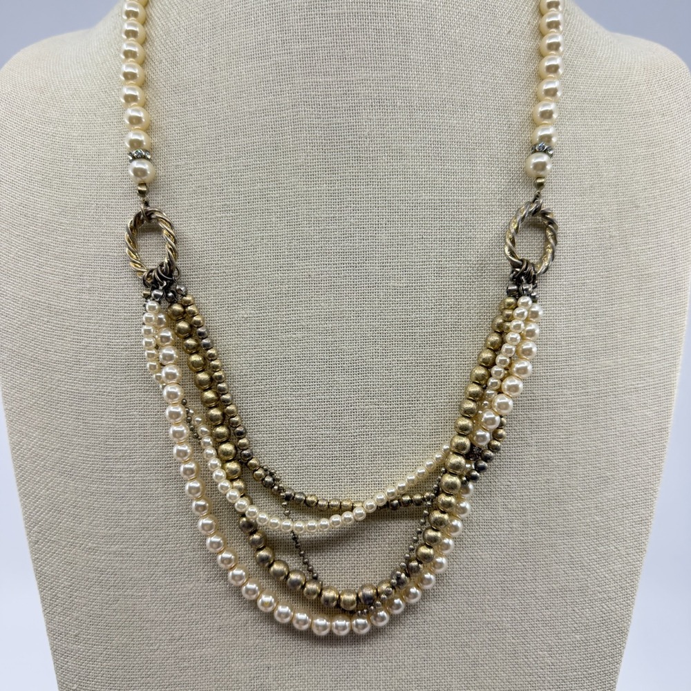 Multi-Strand Faux Pearl & Metallic Bead Statement Necklace Elegant Boho Jewelry